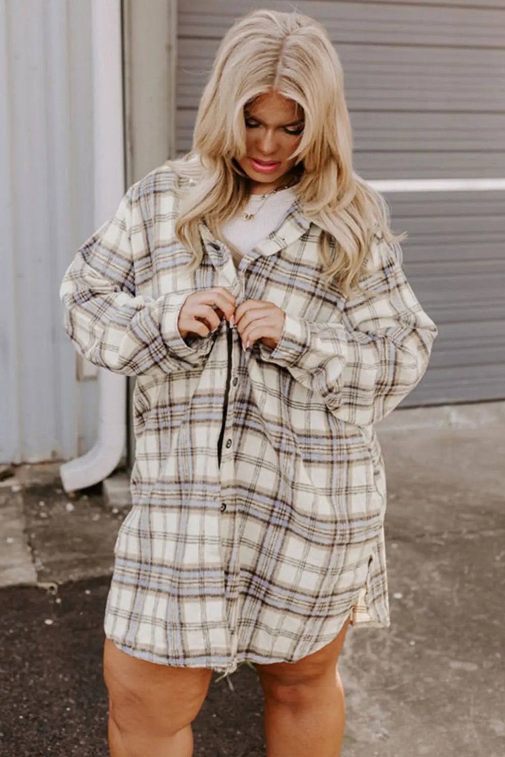 Chic white plaid plus size shacket - Love Salve